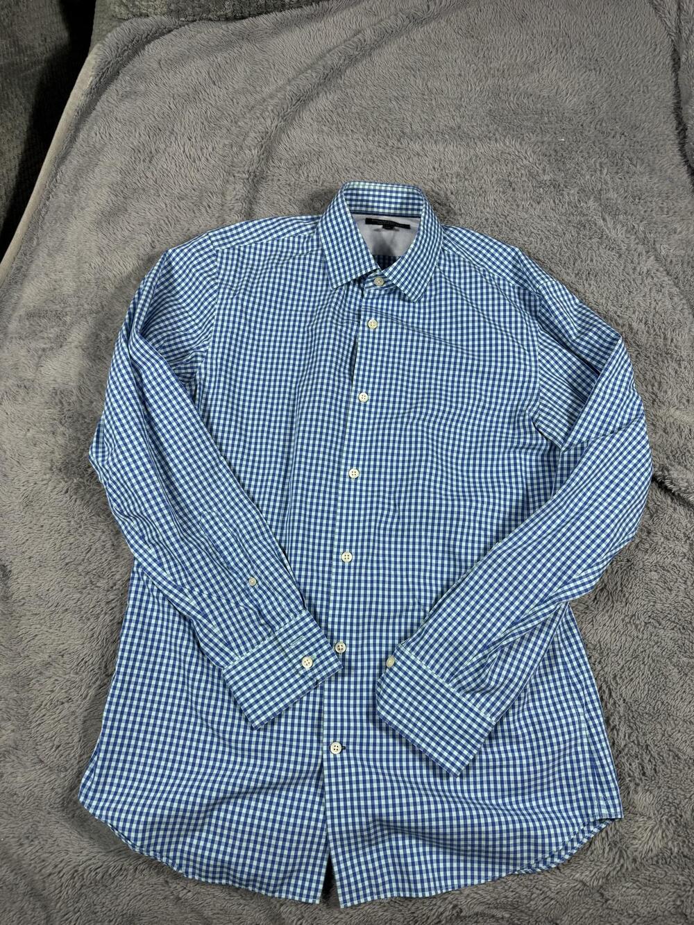 Banana Republic Dress Shirt Mens M Blue Gingham Slim Fit Non Iron LS Business